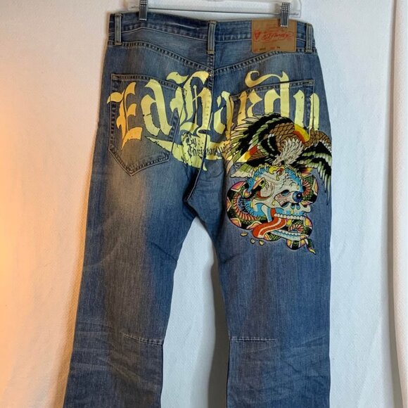Vintage Ed Hardy Embroidered Men's Blue and Navy Jeans - Picture 1 of 14